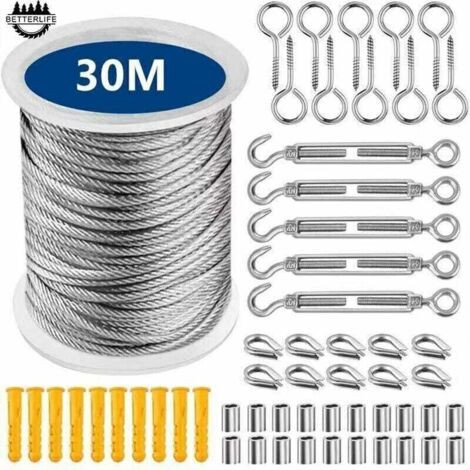 Câble Acier Inoxydable,Corde en Acier Inoxydable à Suspendre,File a Linge Extérieur,Corde à Linge Acier Exterieur,Câble Métallique Extérieur,Corde à Linge (30M)