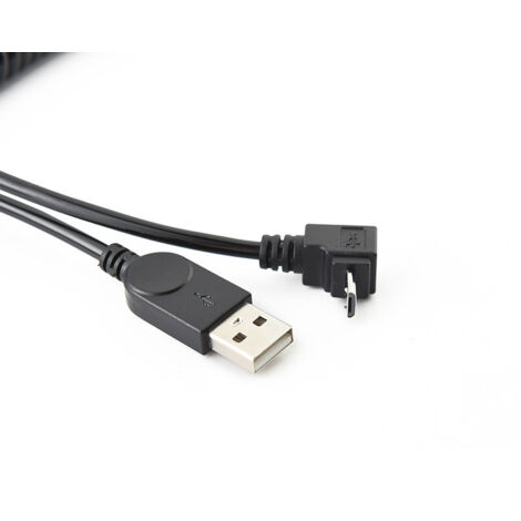 Câble adaptateur coudé mâle Micro 5P pour téléphones Android, de 1,5 mètre de long, avec une courbure vers le bas pour les connecteurs USB et Android.
