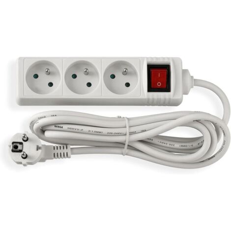 Cable alargador con interruptor - 3 metros - 3 tomas de 230 V - Enchufe plano - Grado de protección IP20 - Blanco