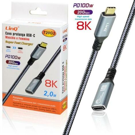 Cable alargador USB-C 1,2m, Carga 100W resolución 8K transferencia 20Gbps -  LinQ - Spain
