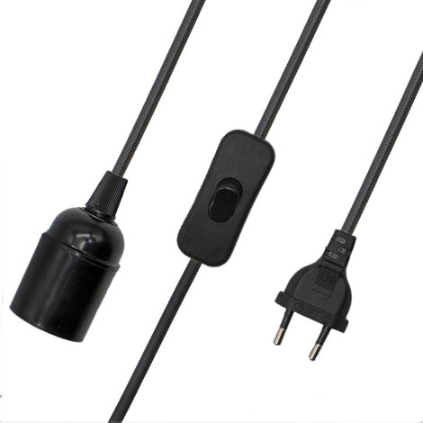 Cable alimentacion trenzado portalampara E27 interruptor 1.5 M Negro