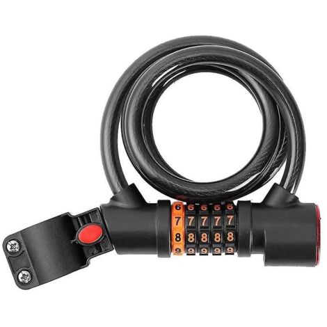 Câble antivol pour vélo avec code à 5 chiffres et mot de passe, antivol de sécurité enroulé avec feu arrière