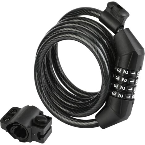 Câble antivol pour vélo, code à combinaison réinitialisable à 4 chiffres, avec support de fixation sécurisé - Noir