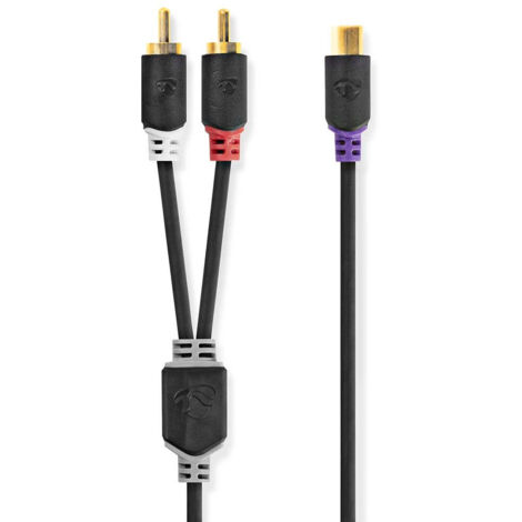 Cable audio stereo 2x rca hane rca hona guldplaterad 020 m rond anthracite lada
