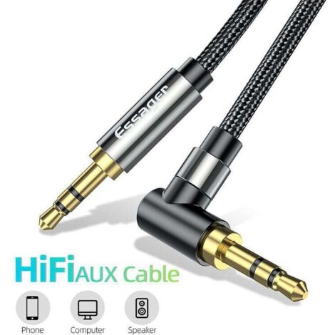 Câble audio stéréo jack vers jack, 3,5 mm mâle vers 3,5 mm femelle, câble auxiliaire en nylon tressé à 90 degrés pour autoradios, haut-parleurs, tablettes, lecteurs MP3, 1,5 m