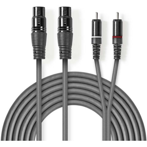 Cable audio symetrique 2x xlr 3 pin femelle 2x rca male nickele 150 m rond pvc gris fonce gaine carton