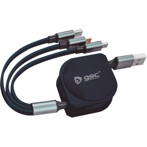 Cable cargador retáctil 3 en 1 (USB Tipo C, conector Lightining y Micro USB Tipo C)