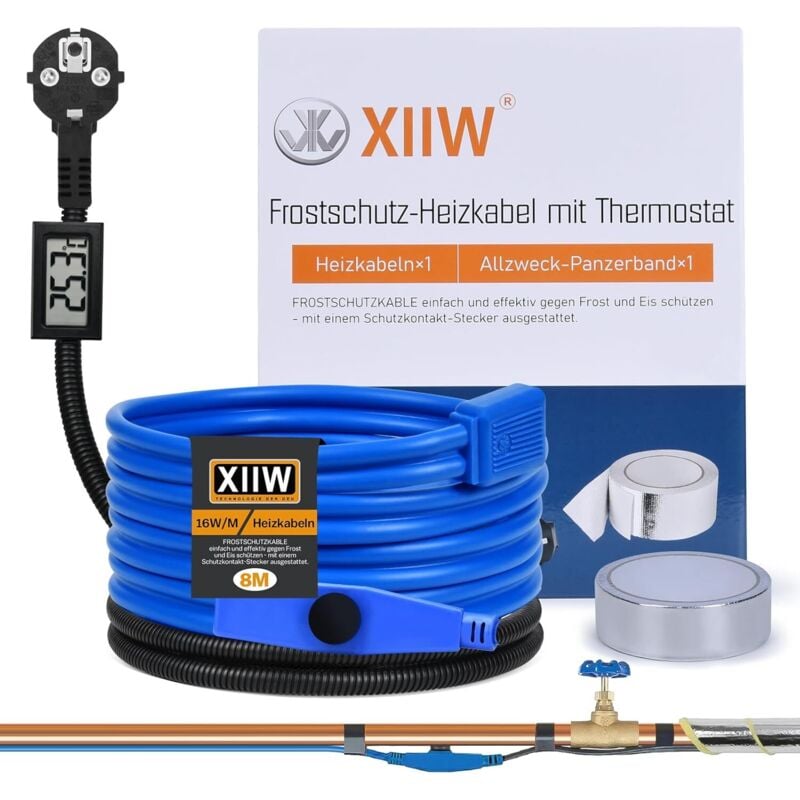 Xiiw - Câble chauffant antigel de 8 m avec thermostat et affichage de la température, chauffage de conduite pour tuyaux d'eau, câble chauffant