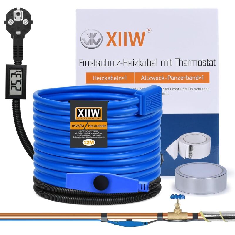 Xiiw - Câble chauffant antigel de 12 m avec thermostat et affichage de la température, chauffage de conduite pour tuyaux d'eau, câble chauffant
