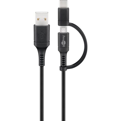 Câble Combiné de Charge et de Synchronisation (avec USB A vers Micro-USB & USB-C™), avec prise USB Micro-B e prise USB-C™.