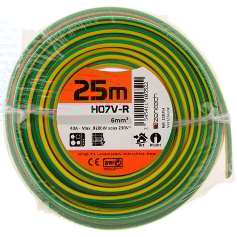 Câble d'alimentation électrique H07V-R 6mm² - Jaune et Vert - 25m - Zenitech