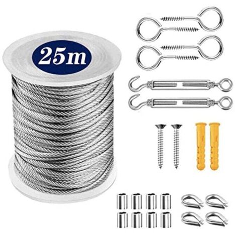 Cable de acero inoxidable Ulisem, cuerda de acero inoxidable para colgar ropa, tendedero de exterior, tendedero de acero para exterior, cable metálico para exterior, tendedero (25 m)