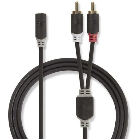 Cable de audio estéreo 2x RCA macho 3,5 mm hembra, chapado en oro, 0,20 m, redondo, antracita, caja con ventana - Nedis