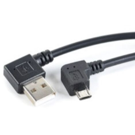 Câble de charge pour téléphone/tablette Android avec connecteur à double courbure : connecteur USB mâle coudé à gauche vers micro 5P mâle, connecteur coudé à droite.