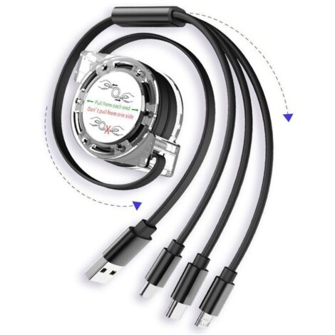 Câble de Charge Rétractable 3 en 1 avec USB-C, Micro USB et Connecteur iPhone pour Android et iOS
