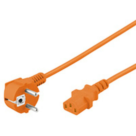 Câble de Connexion Froid Coudé, 2 m, Orange, fiche à contact de protection (type E/F, CEE 7/7) 90°  Prise femelle C13 (prise secteur). Longueur de câble 2 m
