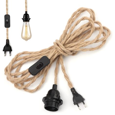 Cable de cuerda de cáñamo para lámpara de araña de 4,5 m, interruptor de enchufe E27 con cable de alambre, bombilla, para lámpara colgante de bricolaje, lámpara colgante industrial, enchufe de lámpara