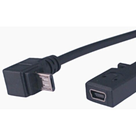 Câble de données Micro USB mâle vers mini USB femelle avec un angle droit de 90° vers la gauche.