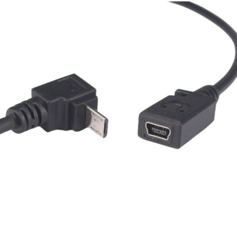 Câble de données micro USB mâle vers mini USB femelle avec un coude à angle droit de 90° vers la gauche.
