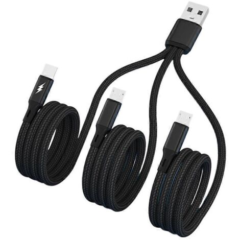 Câble de données tressé nylon 5A, charge rapide USB vers Type-C + 2 Micro-USB, 20 cm noir