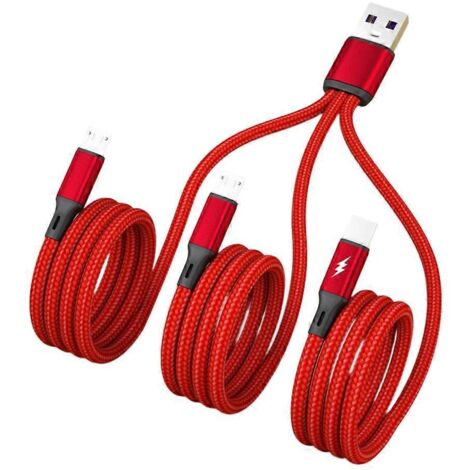 Câble de données tressé nylon 5A, charge rapide USB vers Type-C + 2 Micro-USB, 20 cm rouge