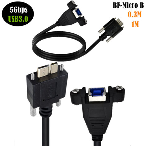 Câble de données USB 3.0 5 Gbit/s avec vis de montage, câble adaptateur USB-B femelle vers Micro-B mâle.