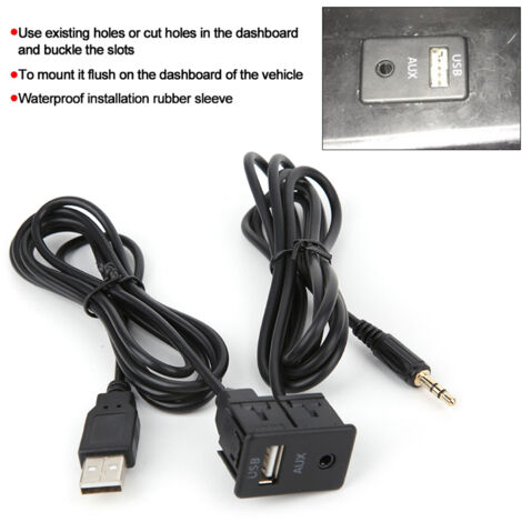 Cable de extensión de audio AUX/USB con puerto de montaje empotrado: conector de 3,5 mm y puerto USB macho para coche y barco (1,45 m, instalación integrada).