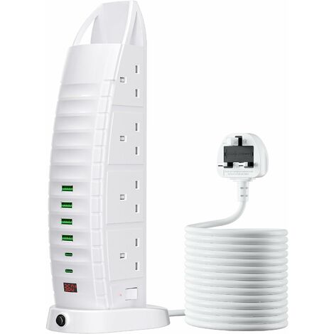 Cable de extensión de torre con ranuras USB de 4 m, torre de extensión de tira de alimentación de 8 salidas con 6 puertos USB (2 tipo C y 4 USB) 3.6A, torre de extensión larga protegida contra sobreca