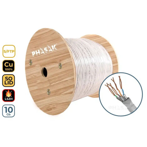 Cable de network PHASAK S/FTP Cat. 6A 305m - Copper 100% Solid, LSZH, AWG23, high speed 10Gbps, coil de 305 metres, PHR 660 for high speed de networks.