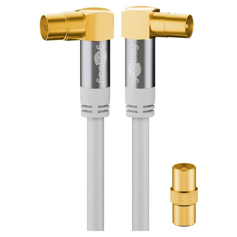 Câble d'Antenne tv (135 dB), 4x Blindé, plaqué or, prise coaxiale 90° fiche coaxialee 90°. Longueur de câble 10 m