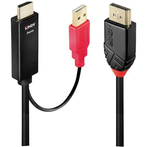 Câble de raccordement LINDY Fiche mâle DisplayPort, Fiche mâle HDMI-A, USB-A mâle 5.00 m noir, rouge 41428 Câble HDMI S218742