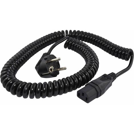 Câble de raccordement spiralé 1,6 m – R6502 – Prise mâle coudée + femelle C13 – Charge max 10 A – Tension 230 V – Hawa