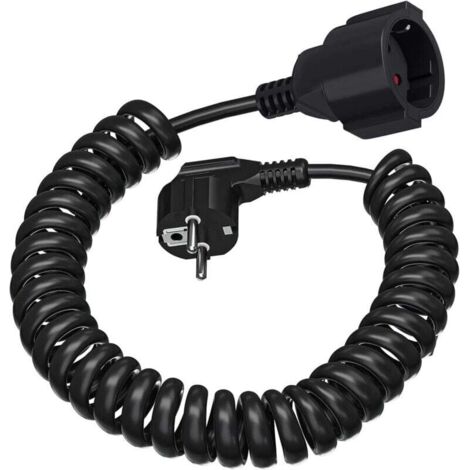Câble de Rallonge, Câble Spiralé à Contact de Protection Extensible de 0,6m à 2 m Max, Câble de d'alimentation IP20(230V/16 A), Câble Spiralé 3 x 1,0 mm² avec Fiche & Pise Schuko, Noir