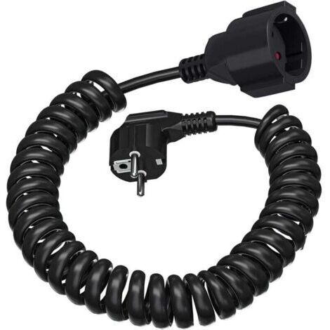 Câble de Rallonge, Câble Spiralé à Contact de Protection Extensible de 0,6m à 2 m Max, Câble de d'alimentation IP20(230V/16 A), Câble Spiralé 3 x 1,0 mm² avec Fiche & Pise Schuko, Noir