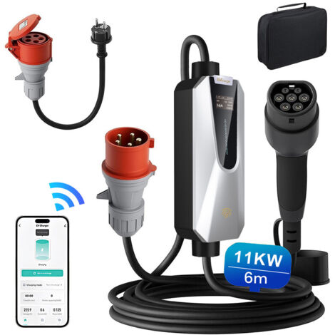 Câble de recharge pour véhicule électrique triphasé APP 6-16 A 3,5/11 kW portable 6 m pour Tesla, BMW et Mercedes-Benz JUNSUN