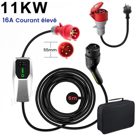 Câble de recharge Type 2 16A 11kW IP67 triphasé 6m portable 1adaptateur JUNSUN