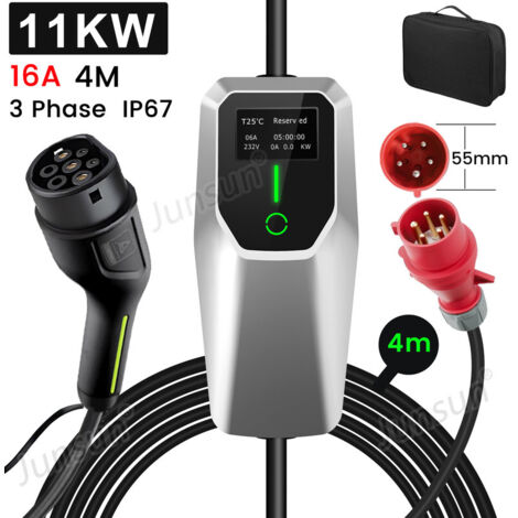 Câble de recharge Type 2 16A 11kW triphasé 4m portable pour Tesla BMW JUNSUN