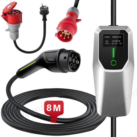Câble de recharge Type 2 16A 11kW triphasé 8m portable 1adaptateur JUNSUN
