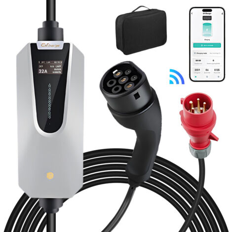 Câble de recharge Type 2 32A 22kW triphasé 6m portable contrôle APP JUNSUN