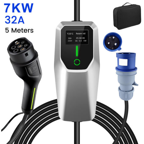 Câble de recharge Type 2 32A 7kW monophasé 5m portable pour Tesla BMW JUNSUN