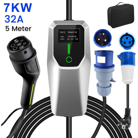 Câble de recharge Type 2 32A 7kW monophasé 6m portable 1adaptateur JUNSUN