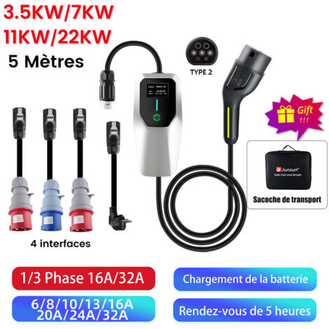Câble de recharge Type 2 3.5-32A 22kW triphasé 5m portable pour Tesla BMW JUNSUN
