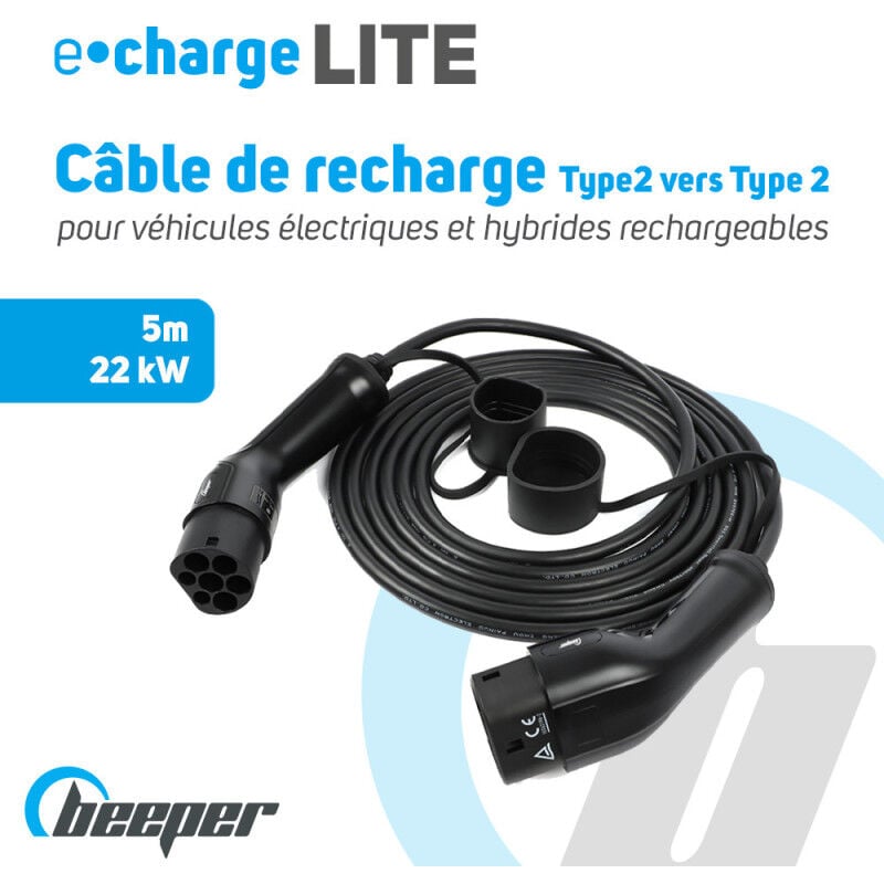 Câble de recharge Type 2 vers Type 2 pour véhicule électrique et Hybride rechargeable 22 kW 32A Triphasé Longueur - 5m