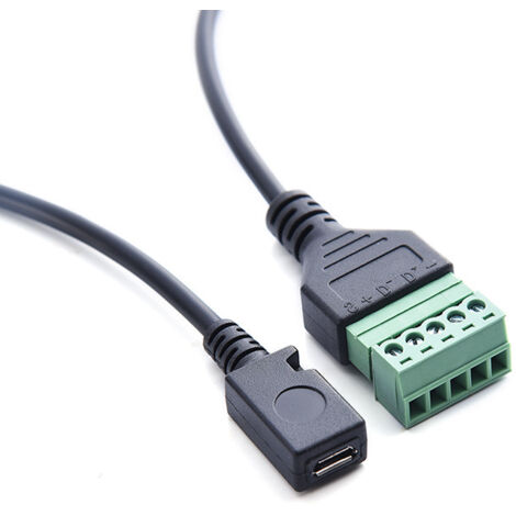 Câble d'extension de charge et de transmission de données à 5 conducteurs, sans soudure, avec connecteur micro USB 5 broches femelle vers borne verte et vis de connexion.