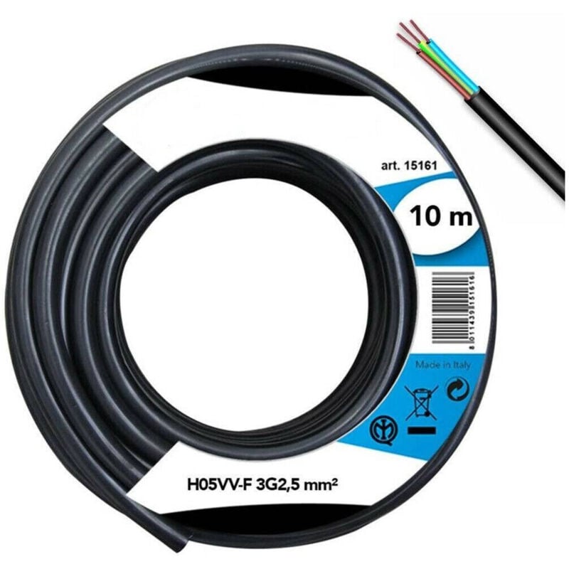 Trade Shop - Cavo Elettrico Prolunga 10mt 3g2.5 Mm H05vv-f Matassa Filo Elettrico Nero -