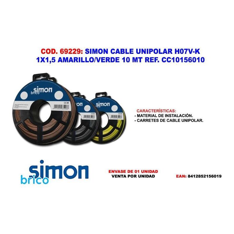 

simon cable unipolarh07v-k 1x1,5 amarillo-verde 10 mt cc10156010 - Mibricotienda