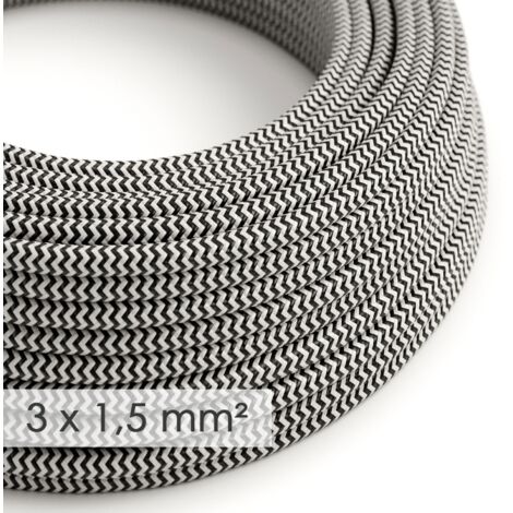Câble électrique section large 3x1.50 rond - tissu effet soie Noir ZigZag RZ04 - 1 mètre