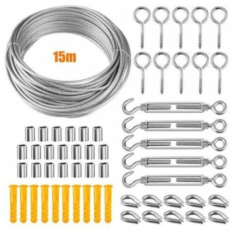 Câble en acier inoxydable 304 - Kit de câble en acier inoxydable de 15 m pour plantes grimpantes, cordes à linge, tension extérieure - Comprend un tendeur de câble de 2 mm (15 m)