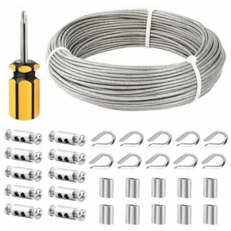 Câble en acier inoxydable de 3 mm, 50 m, avec serre-câbles, manchons M3 et œillets pour corde à linge et garde-corps.-AquaForge