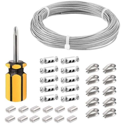 Câble en acier inoxydable de 3 mm, câble en acier inoxydable de 30 m/3 mm, câble en acier revêtu avec colliers de serrage, manchons M3, œillets en acier inoxydable, câble pour corde à linge de 3 mm